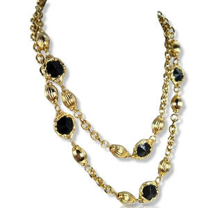 Vintage Glam Long Station Necklace Black Rivoli Gold Chain 1980s Signed …